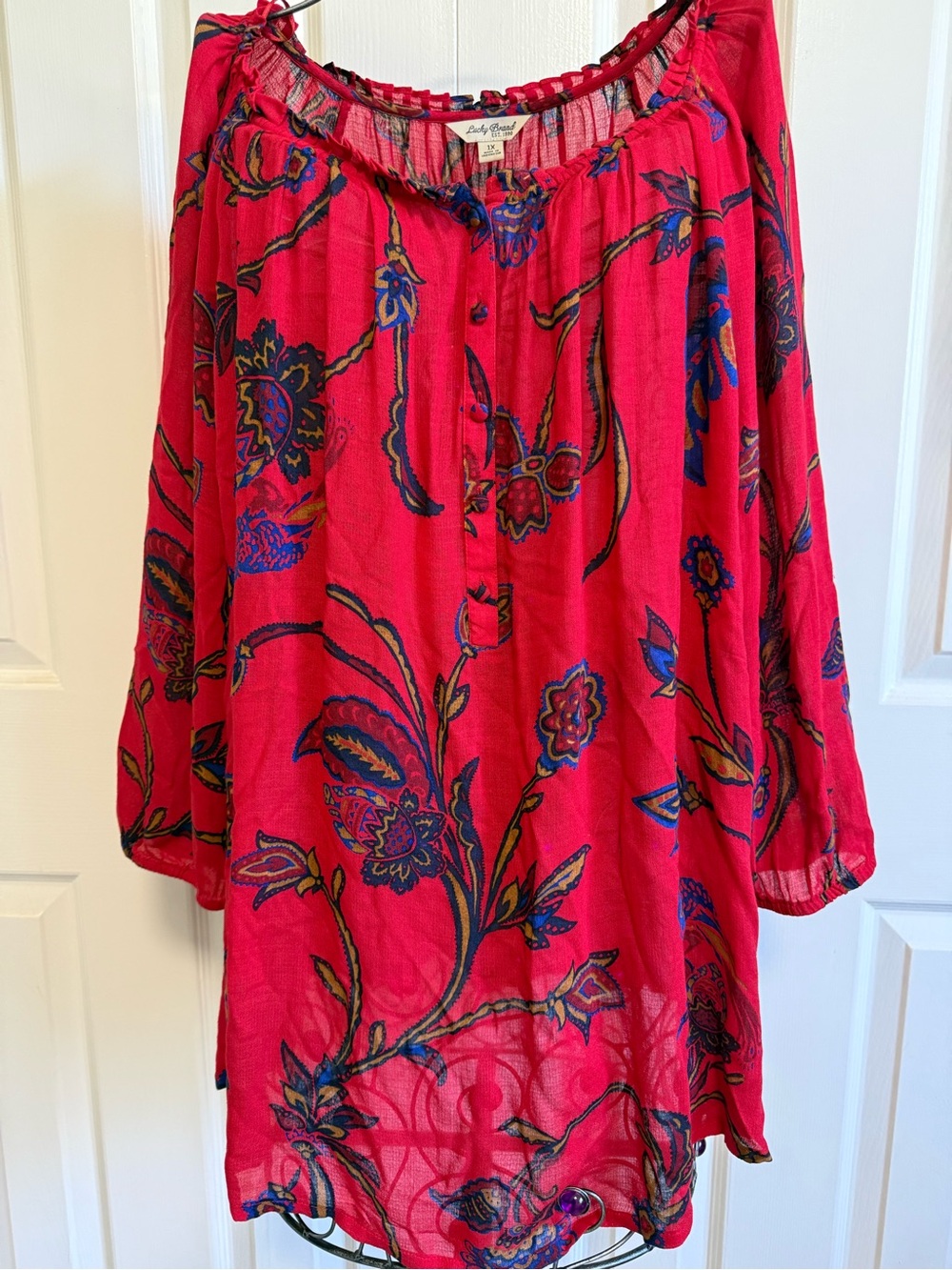 Lucky Brand 1X red paisley BoHo peasant blouse tunic top